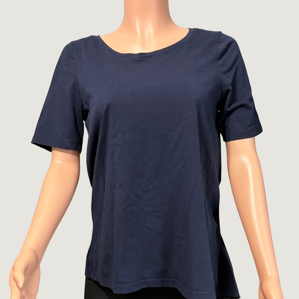 Chico's Navy Blue Eyelet Embroidered Back Scalloped Hem Top Womens Size 1 M
